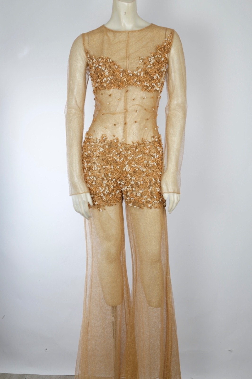Vtg One Of A Kind Couture Jumpsuit Sheer Metallic Gold Beaded Wide Leg Designer